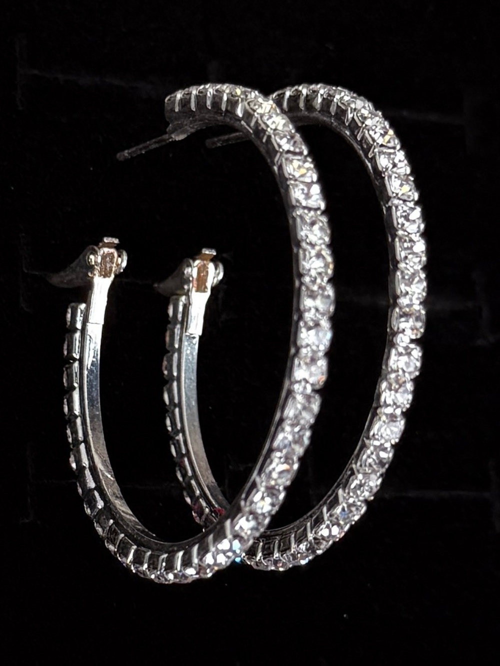 Large Clear Stone Silver Tone Hoop Pierced Earrings